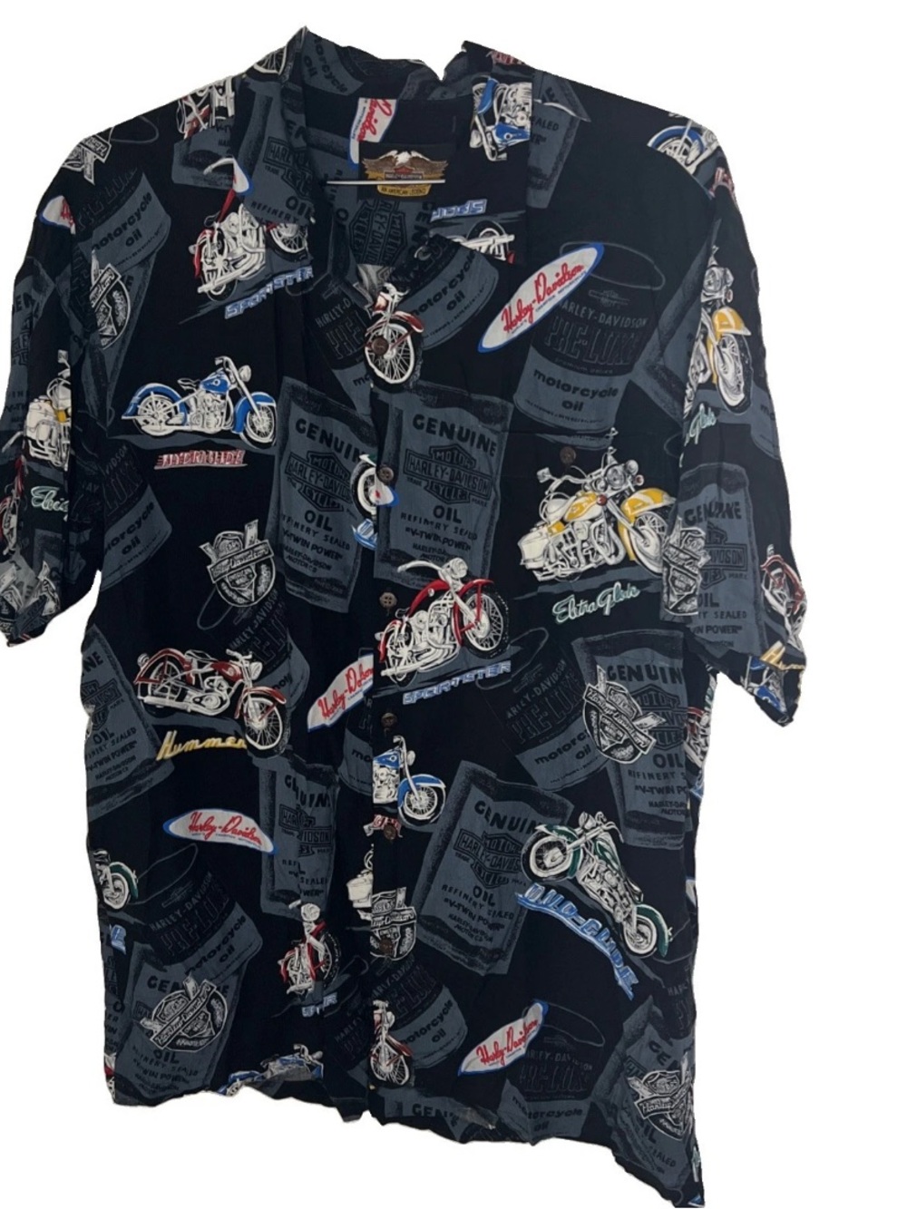Harley-Davidson x Tori Richard Oil Can Camp Shirt Size L Black Gray Button Down
